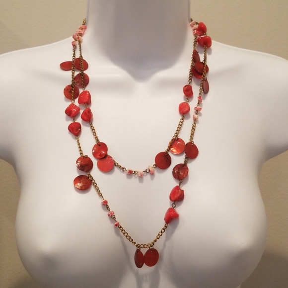 90s Red Abalone Shell Coin Long Sweater Necklace - Picture 8 of 12